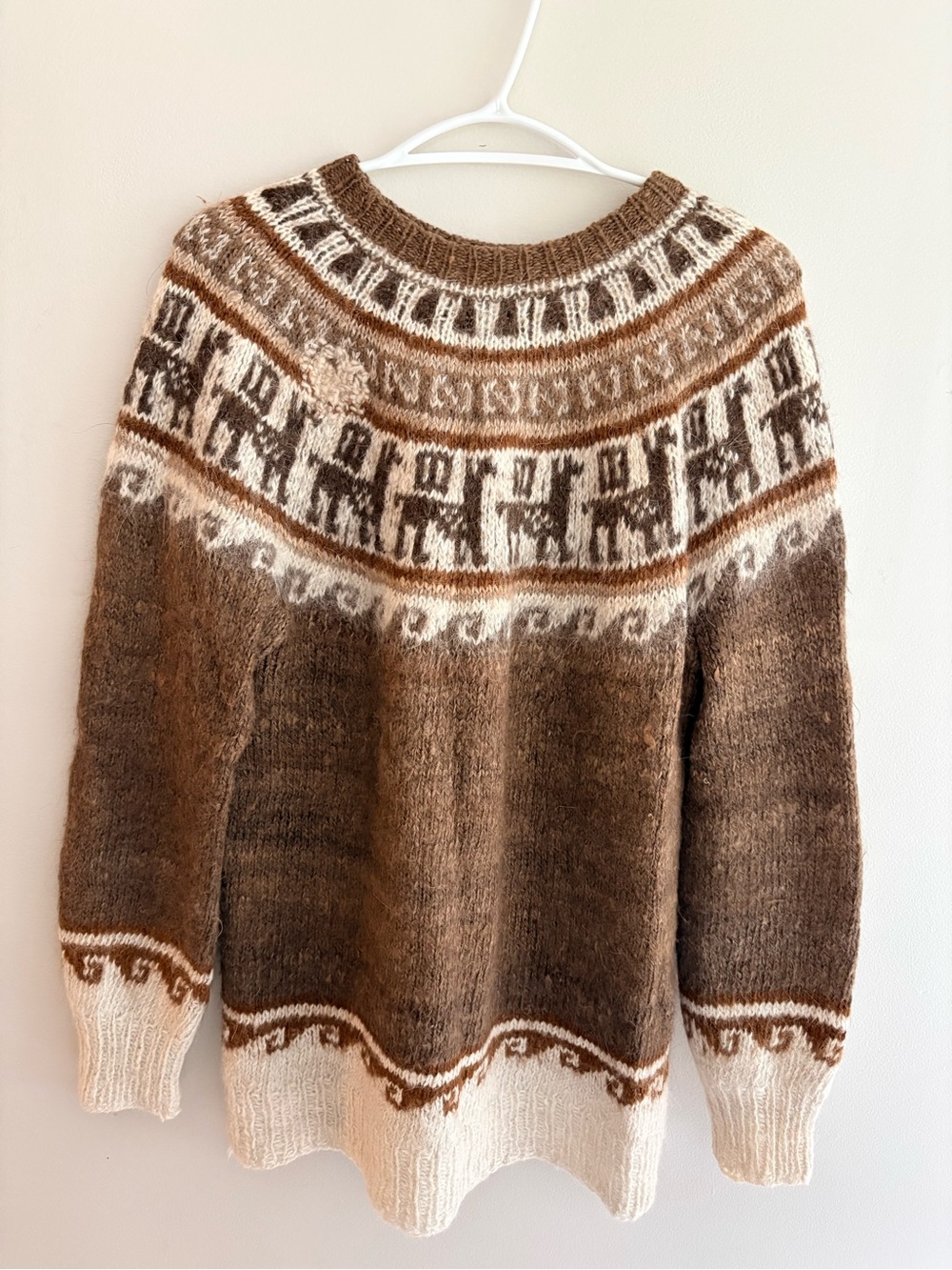 Hand-knit Brown and Cream Nordic Crewneck Sweater